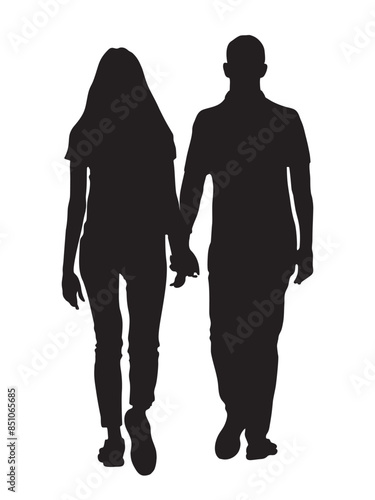 Silhouettes of man and woman holding hands and walking away. Rear view. Black vector illustration isolated on white background.