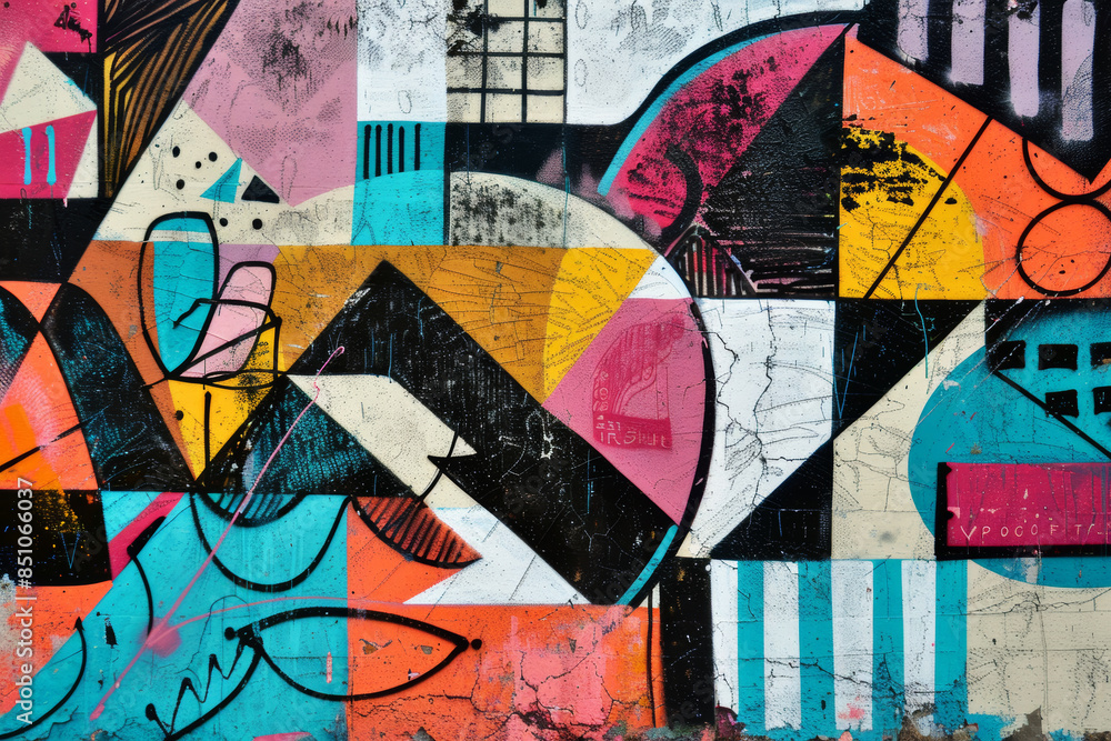 Fototapeta premium Colorful old cracket urban wall background with graffiti. Creative city street art background on old brick wall. Abstract geometric graffiti composition in bold solid colors