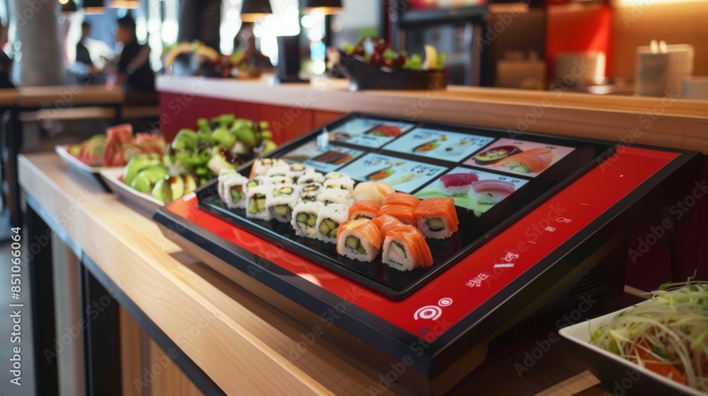Close-up of digital menu in sushi restaurant on wooden counter, displaying sushi rolls. Plate of rolls below screen. Close-up of digital menu in sushi restaurant on wooden counter, displaying sushi rolls. Plate of rolls below screen.