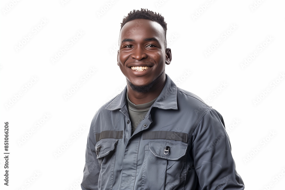 A professional photo of a smiling man in workwear with many pockets, standing confidently against a white background. The studio lighting highlights his features and the details of A professional photo of a smiling man in workwear with many pockets, standing confidently against a white background. The studio lighting highlights his features and the details of