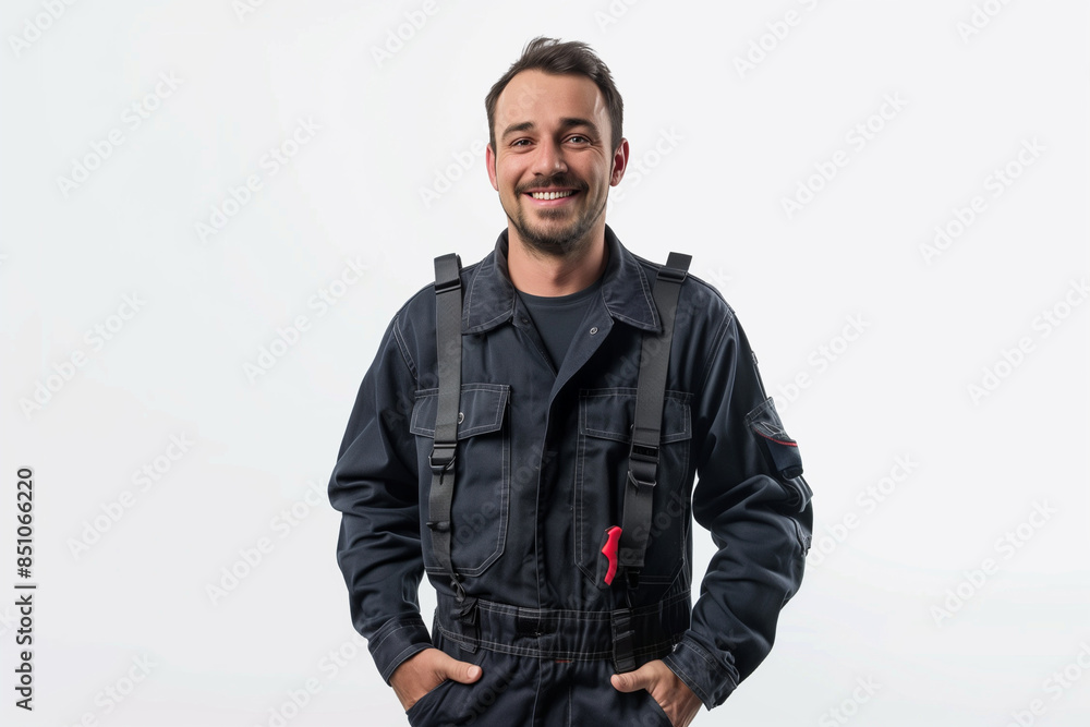 A full body portrait of a smiling man in workwear with numerous pockets, captured against a white background. The professional photography setup and studio lighting emphasize the f A full body portrait of a smiling man in workwear with numerous pockets, captured against a white background. The professional photography setup and studio lighting emphasize the f