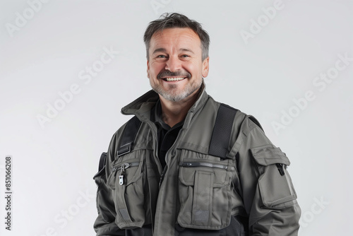 A professional photo of a smiling man in workwear with many pockets, standing confidently against a white background. The studio lighting highlights his features and the details of