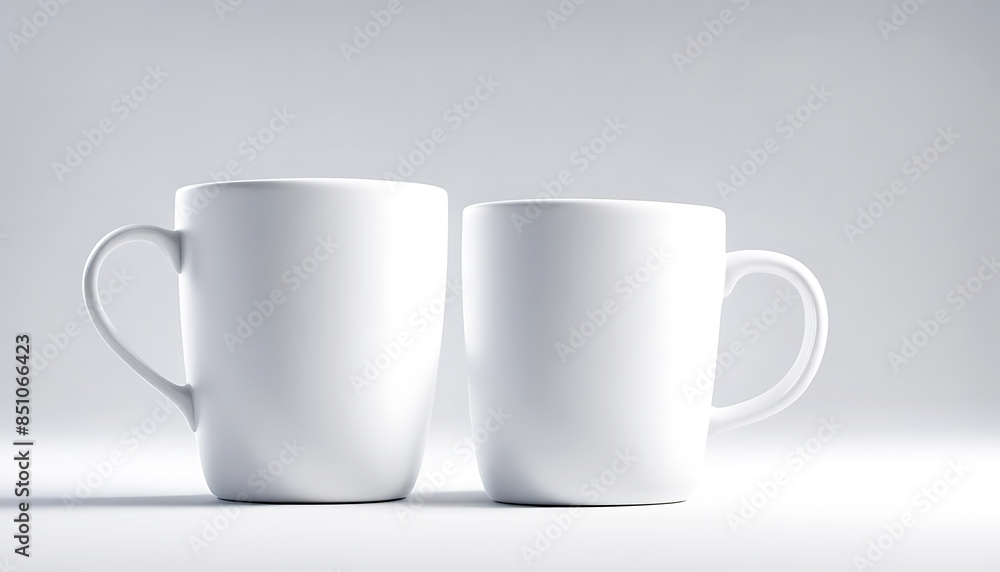 zwei Kaffee Tassen weiß leer blank nebeneinander stehend auf hellen Hintergrund als Vorlage Mockup Becher für eigene Logo Design Gestaltung zwei Kaffee Tassen weiß leer blank nebeneinander stehend auf hellen Hintergrund als Vorlage Mockup Becher für eigene Logo Design Gestaltung