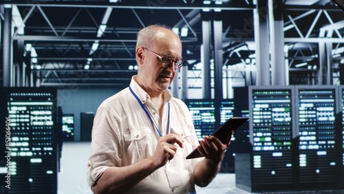 Octogenarian professional navigating network of server rigs in industrial base of operations. Admin with tablet doing review and optimizations in high tech data center, preventing system flaws