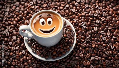Kaffee Cafe Tasse Untertasse heiß frisch mit Cappuccino Espresso fröhliches Lächeln und dunkle Kaffebohnen auf Hintergrund als Vorlage Frühstück warm herzlich trinken genießen Spezialitäten  photo