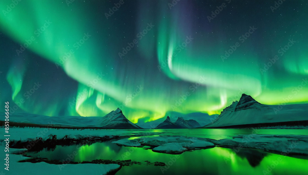 Aurora borealis in the mountains with silhouette of a forest
Aurora borealis in the mountains with silhouette of a forest