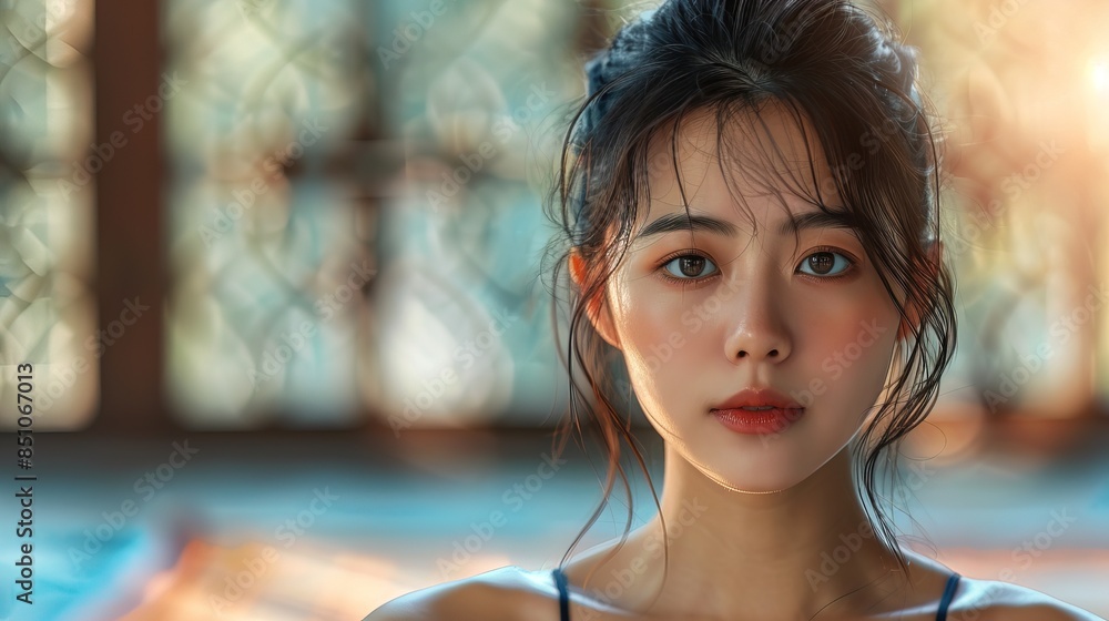 Korean woman yoga pose, beautiful face, photo Korean woman yoga pose, beautiful face, photo