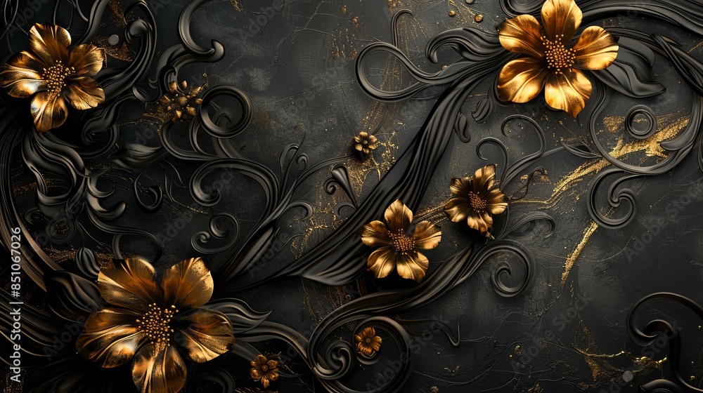 Golden flowers blooming from black abstract vines on dark background Golden flowers blooming from black abstract vines on dark background