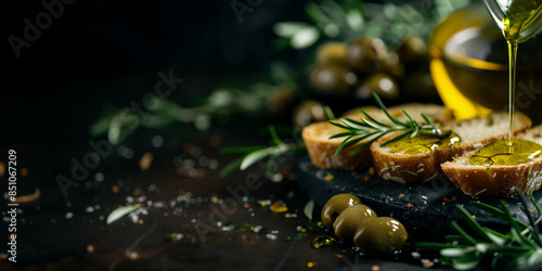 shot of olive oil being drizzled over olives and bread, with an array of herbs around. The dark background focuses attention on the rich, golden oil and the texture of the food. Th