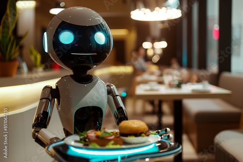 a robot carrying food on a tray, serving customers in a restaurant. The robot has a smiling expression and bright eyes, creating a friendly atmosphere. The setting is designed with