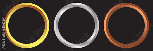 Gold, silver and bronze metal circle frames 3d vector realistic illustration. First, second and third place medals or buttons isolated on black background. Certified. Quality blank, empty badge set