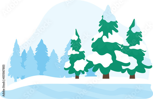 Winter forest landscape dozen coniferous trees covered white snow, snowy backdrop. Serene winter day, tranquil imagery perfect seasonal postcards, holiday banners. Simple minimalist flat art style