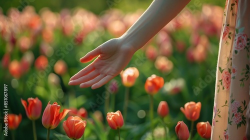 Closeup view of the hand of a female in pink long skirt touching tulip flower in field with traditional windmill in country side.