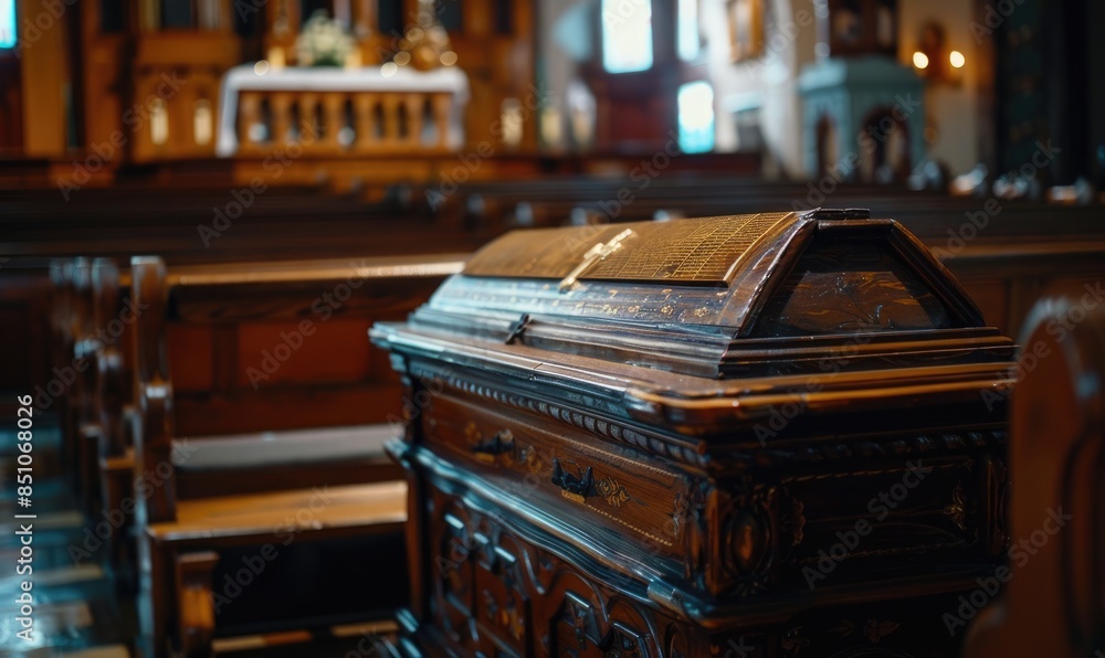 A beautiful wooden coffin with red and green flowers on top, installed in the church hall during the funeral service. Funeral arrangements. A beautiful wooden coffin with red and green flowers on top, installed in the church hall during the funeral service. Funeral arrangements.