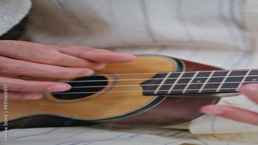 Guitarist hands touching strings ukulele street vertically closeup. Unknown man Guitarist hands touching strings ukulele street vertically closeup. Unknown man