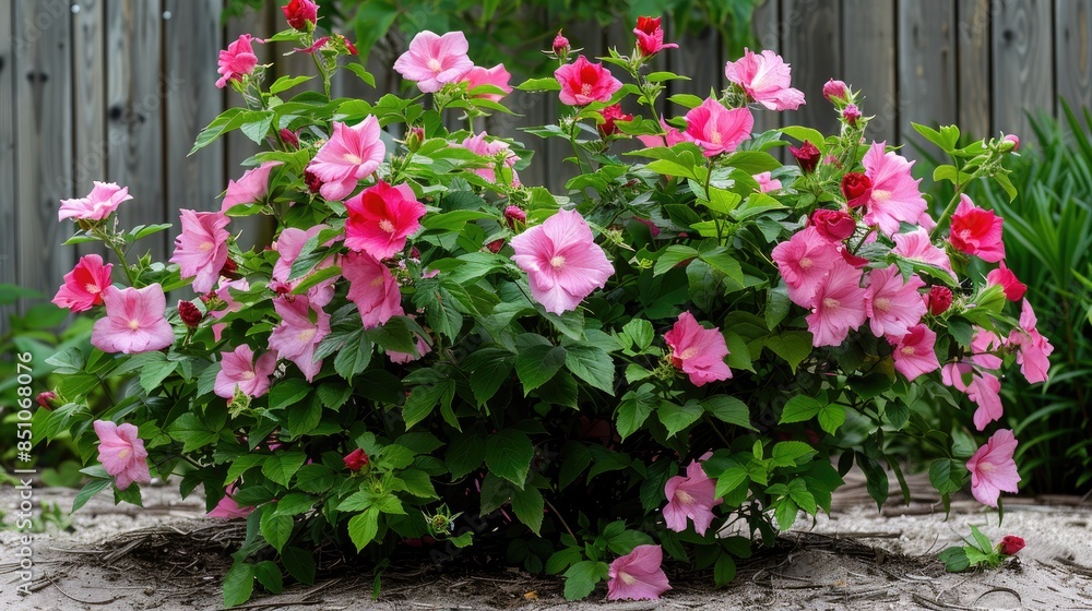 Fototapeta premium Hamabo Rose of Sharon decorative shrub with pink and red flowers
