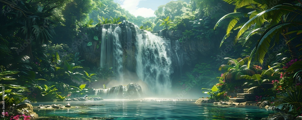 a great waterfall in a tropical rainforest river landscape with mysterious temple ruins a great waterfall in a tropical rainforest river landscape with mysterious temple ruins