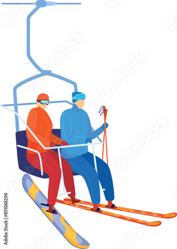 Skiers wearing protective gear seated chairlift headed up snowy mountain ski resort winter adventure isolated white background. Man blue jacket clutching poles woman red attire enjoying scenic view