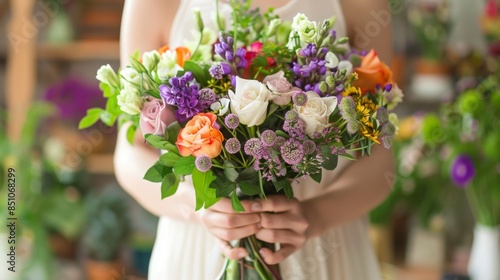 A woman in a white dress holds a bouquet of flowers in her hands. The bouquet is a mix of purple, white, orange, and yellow flowers, and is surrounded by greenery.