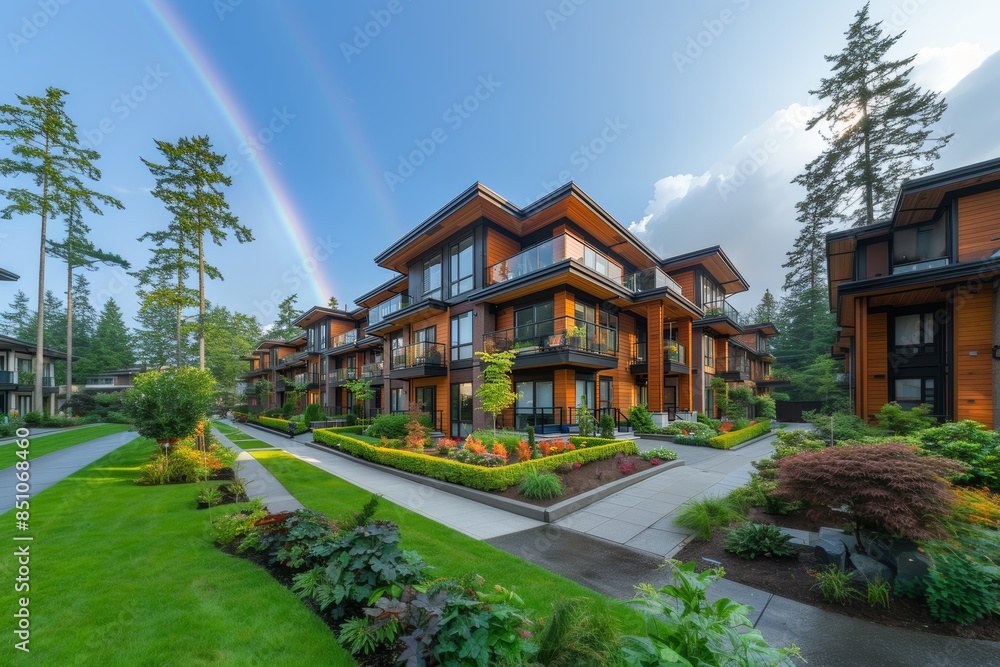Modern Apartment Buildings in Vancouver with Lush Landscaping and Rainbow Sky Modern Apartment Buildings in Vancouver with Lush Landscaping and Rainbow Sky