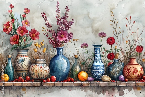 Colorful Nowruz Holiday Vector Design Elements with Flowers and Vases