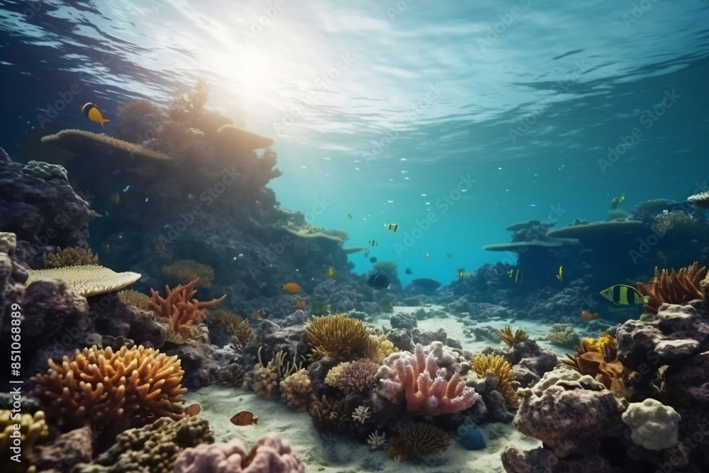 Underwater view of a vibrant coral reef with sunlight filtering through the water Underwater view of a vibrant coral reef with sunlight filtering through the water
