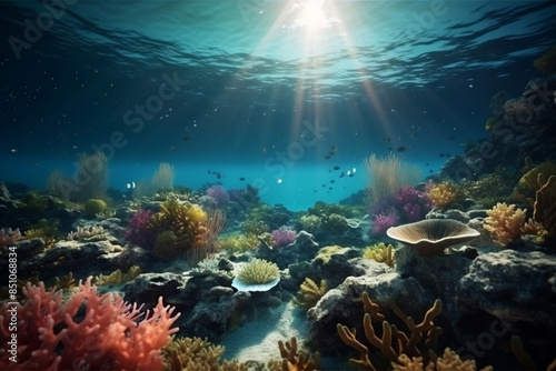 Underwater scene with sunlight shining through clear water on coral reef