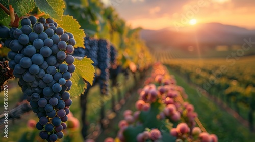 Ripe Grapes in an Old Vineyard in Tuscany at Sunset with Scenic Mountain Background