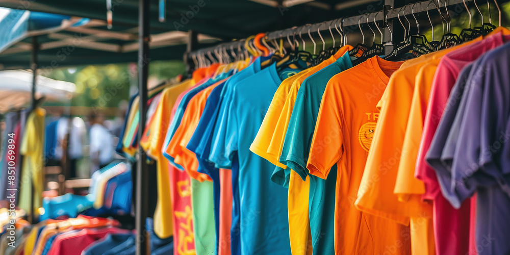 Fototapeta premium Freshers fair with colorful t-shirts and clothes outdoors