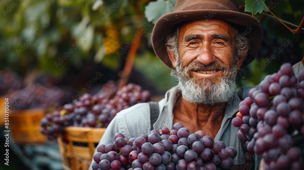 Obraz premium Successful Male Owner of Vineyard Gathering Harvest with Joyful Smile Surrounded by Ripe Grapes