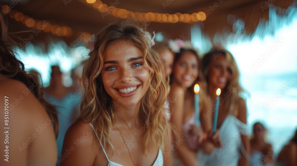 Fototapeta premium Group Of Happy People Celebrating at a Beach Party with Smiling Woman in Focus