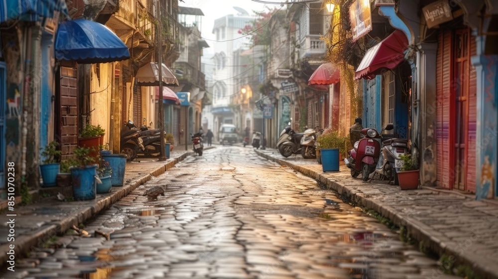 Fototapeta premium Charming Empty Street in Old Town at Sunrise with Cobblestone Path and Shops