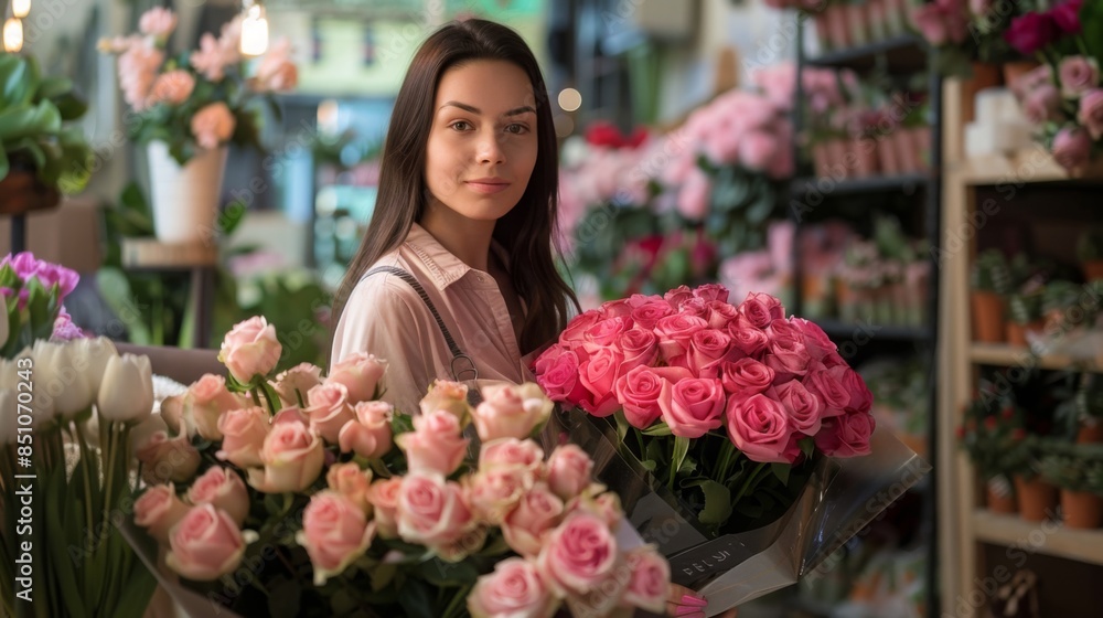Fototapeta premium A young woman smiles at the camera while holding a bouquet of pink roses in a flower shop.