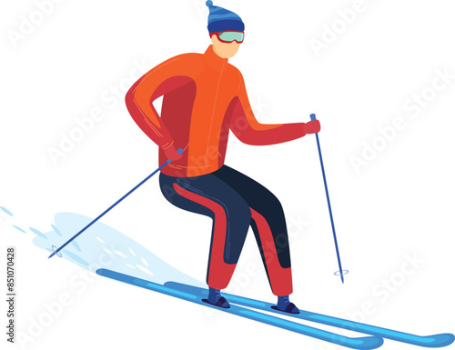 male skier wearing blue beanie, orange jacket, red gloves, black pants, goggles skiing snow, holding ski poles skiing high speed. Background appears be isolated white background. Young man downhill