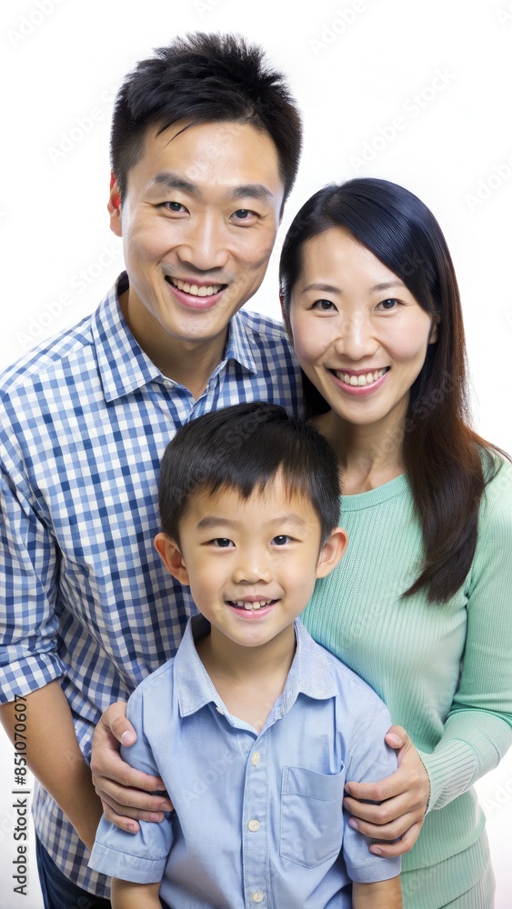 Happy Chinese Family Portrait Against White Background. Generative AI Happy Chinese Family Portrait Against White Background. Generative AI