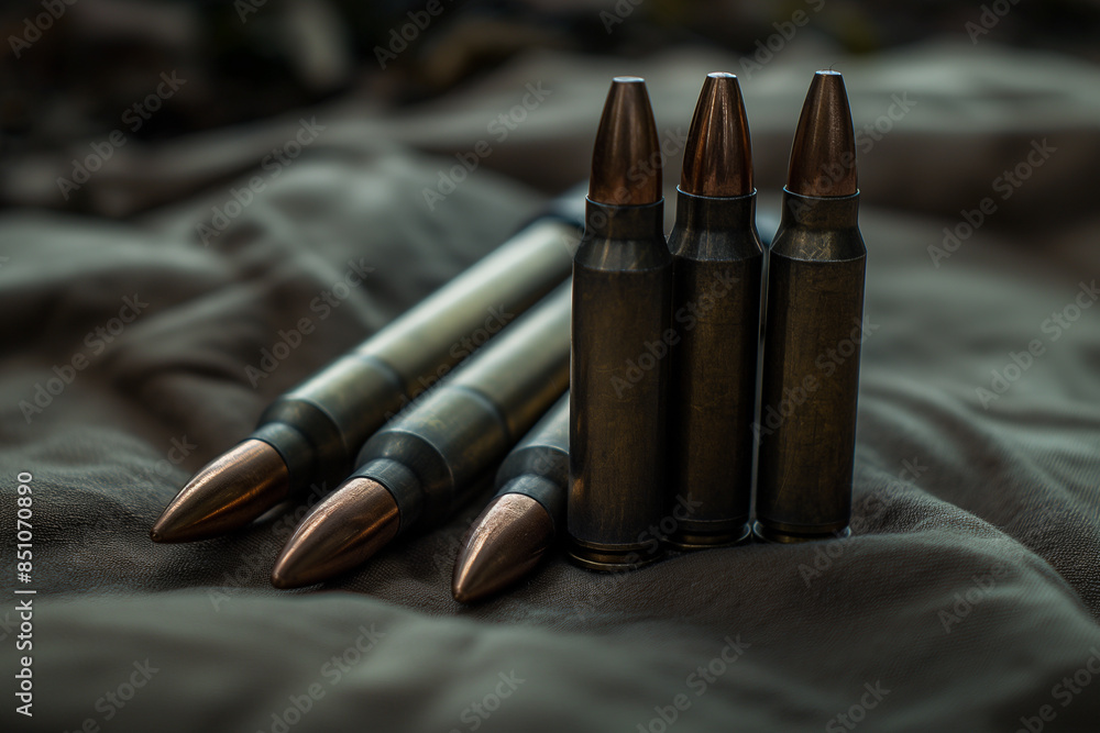 Four unfired rifle cartridges with copper tips lie on a green canvas surface Four unfired rifle cartridges with copper tips lie on a green canvas surface