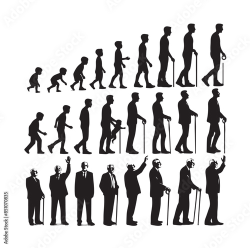 Human in different ages. Silhouette profile of male and female person growth stages, people generations from baby to old vector illustration set. Man and woman characters in aging process