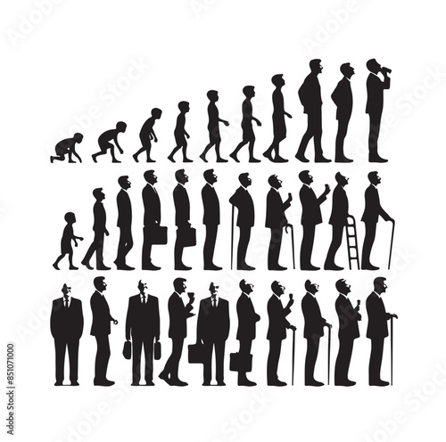 Human in different ages. Silhouette profile of male and female person growth stages, people generations from baby to old vector illustration set. Man and woman characters in aging process