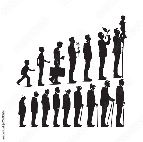 Human in different ages. Silhouette profile of male and female person growth stages, people generations from baby to old vector illustration set. Man and woman characters in aging process