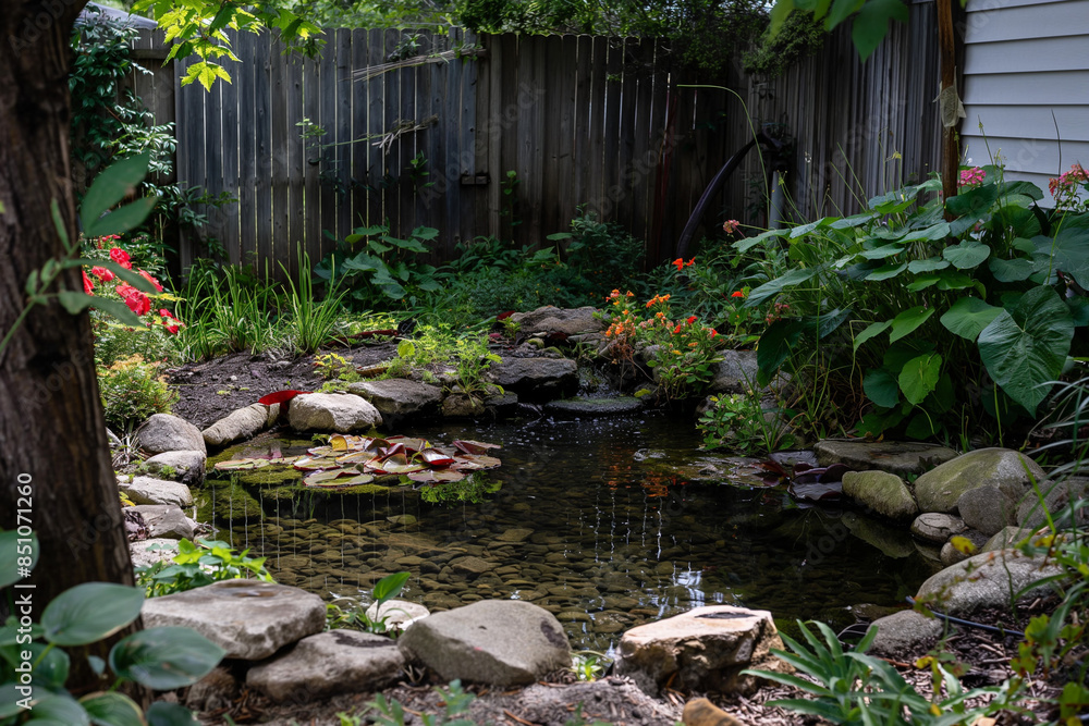 A tranquil backyard pond surrounded by lush greenery and blooming flowers creates a peaceful and inviting retreat A tranquil backyard pond surrounded by lush greenery and blooming flowers creates a peaceful and inviting retreat