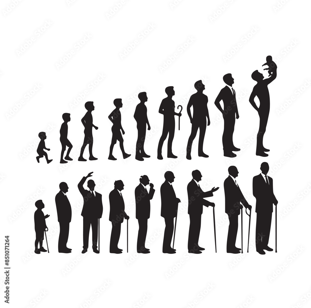 Human in different ages. Silhouette profile of male and female person growth stages, people generations from baby to old vector illustration set. Man and woman characters in aging process Human in different ages. Silhouette profile of male and female person growth stages, people generations from baby to old vector illustration set. Man and woman characters in aging process