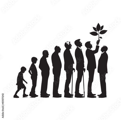 Human in different ages. Silhouette profile of male and female person growth stages, people generations from baby to old vector illustration set. Man and woman characters in aging process
