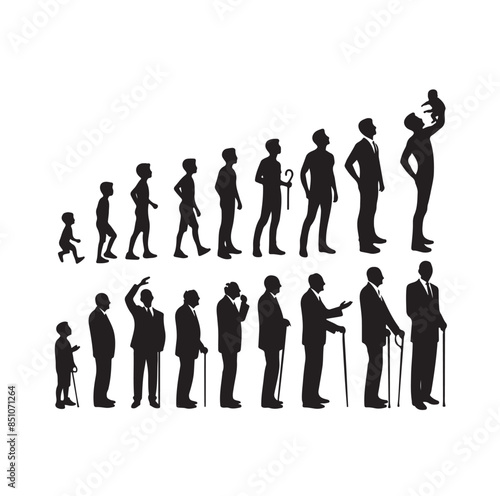 Human in different ages. Silhouette profile of male and female person growth stages, people generations from baby to old vector illustration set. Man and woman characters in aging process