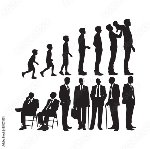 Human in different ages. Silhouette profile of male and female person growth stages, people generations from baby to old vector illustration set. Man and woman characters in aging process