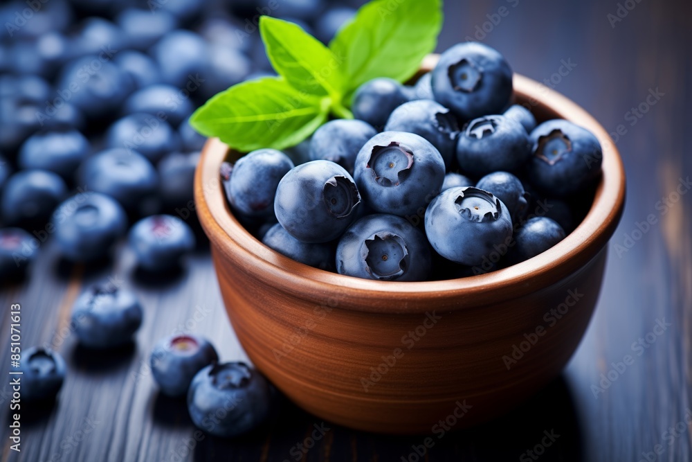 Heaped fresh blueberries in a wooden bowl with leaves on a dark wooden table Heaped fresh blueberries in a wooden bowl with leaves on a dark wooden table
