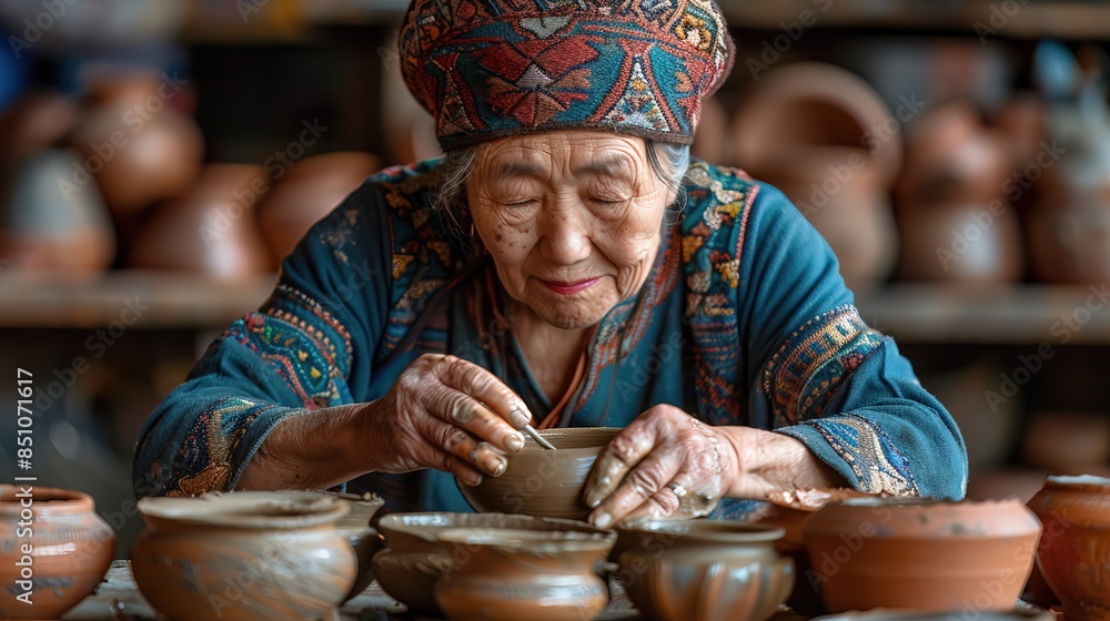 Korean woman making clay bowl, beautiful face, photo Korean woman making clay bowl, beautiful face, photo
