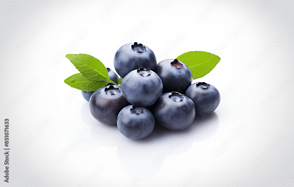 Isolated blueberries with leaves on a white surface Isolated blueberries with leaves on a white surface