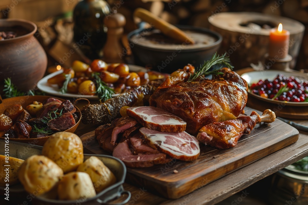 An inviting roasted turkey with traditional sides, creating a warm holiday atmosphere on a rustic table An inviting roasted turkey with traditional sides, creating a warm holiday atmosphere on a rustic table