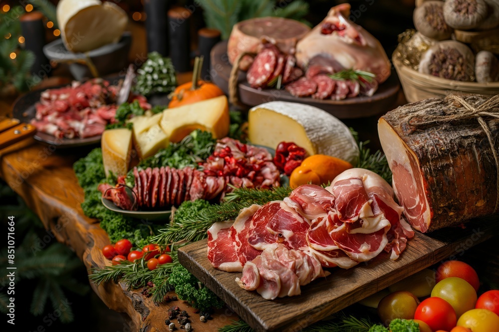 Obraz premium Artfully arranged charcuterie board with a selection of meats, cheese, and festive greenery for a holiday feast