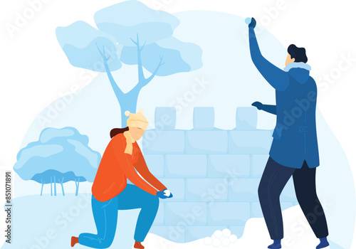 Two individuals engaged snowball fight winter playground. Snow fort, female orange jacket, beige hat. Male jacket, black throwing snowball towards female. Two trees background